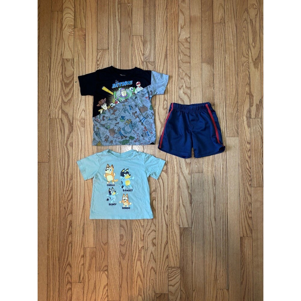 Toy Story Bluey tshirts short set lot of 3 black blue cartoon kids tv video game